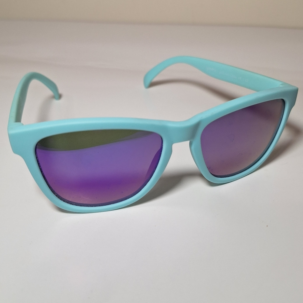 goodr Electric Dinotopia Carnival Sunglasses Teal Mirrored Purple Wayfarer